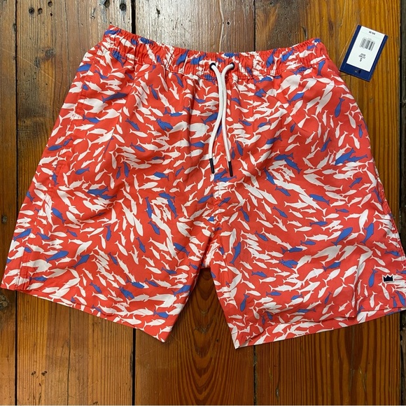 Crown& Ivy Men’s Swim Shorts Size S Pink Blue Fish Pattern  Board Shorts Spring - Picture 1 of 6